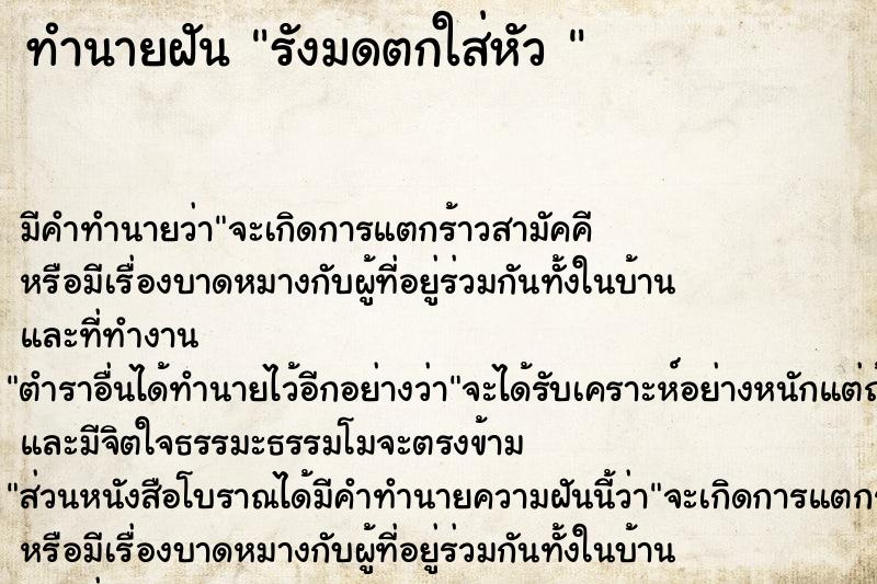 ทำนายฝัน รังมดตกใส่หัว 